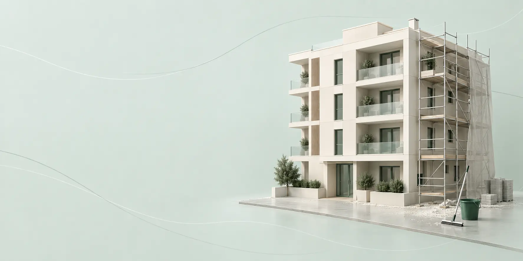 Kartın sağ yarısında, bir yanındaki iskelesi sökülen, yeni bitmiş fildişi bir apartman maketi; önünde temizlenmiş zemin, bir kova ve bir çekpas